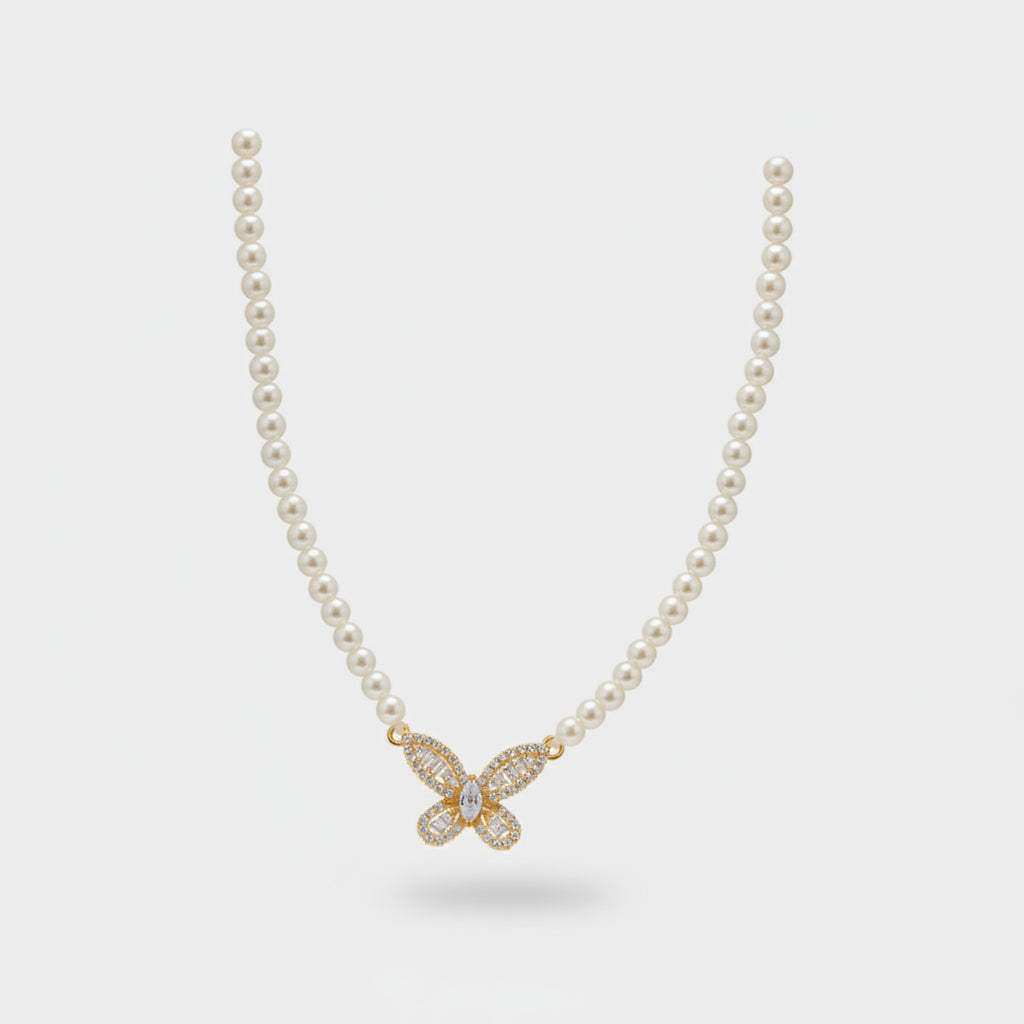 Pearl Necklace With Butterfly Charm Pendant