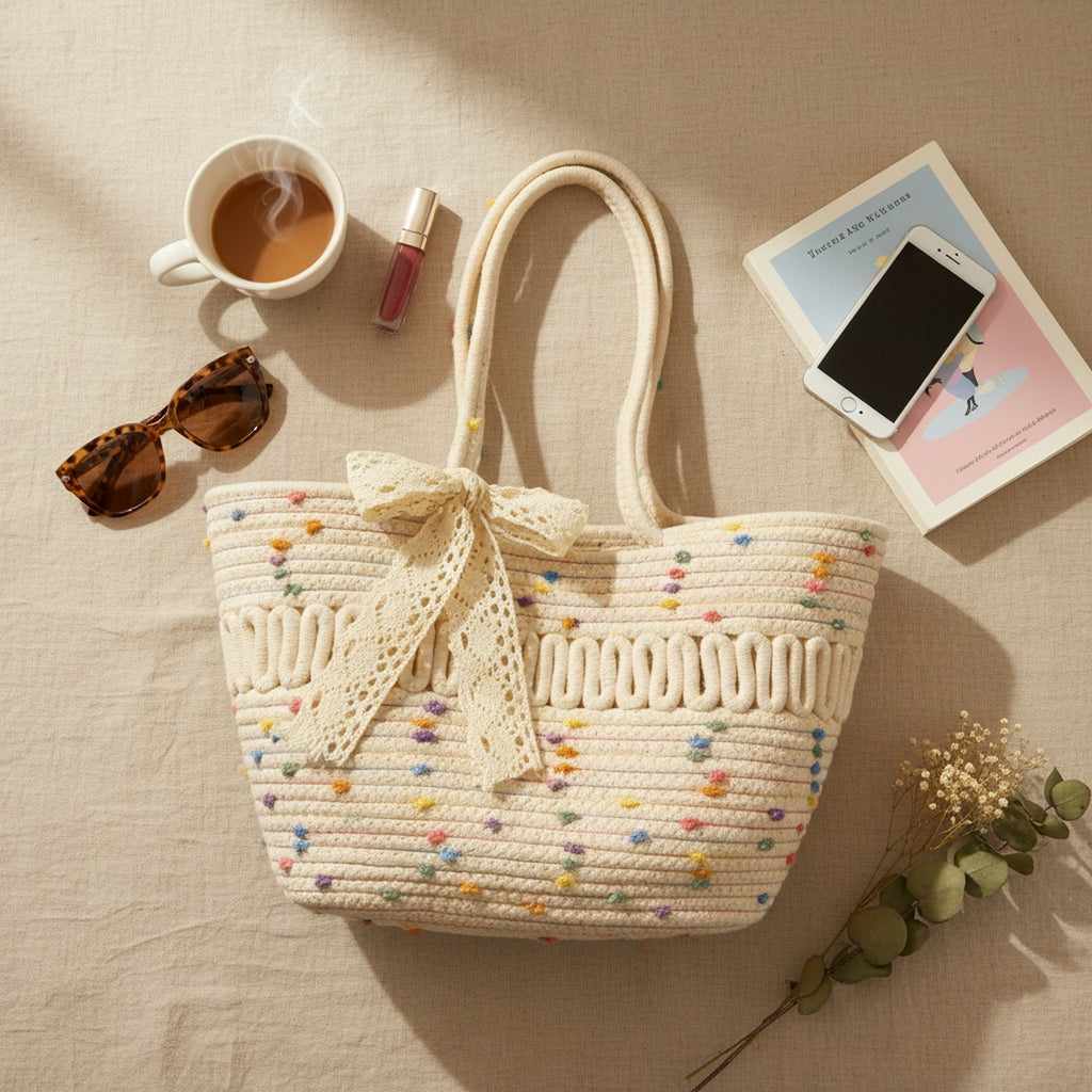 Colorful Beaded Straw Tote Bag With Lace Bow