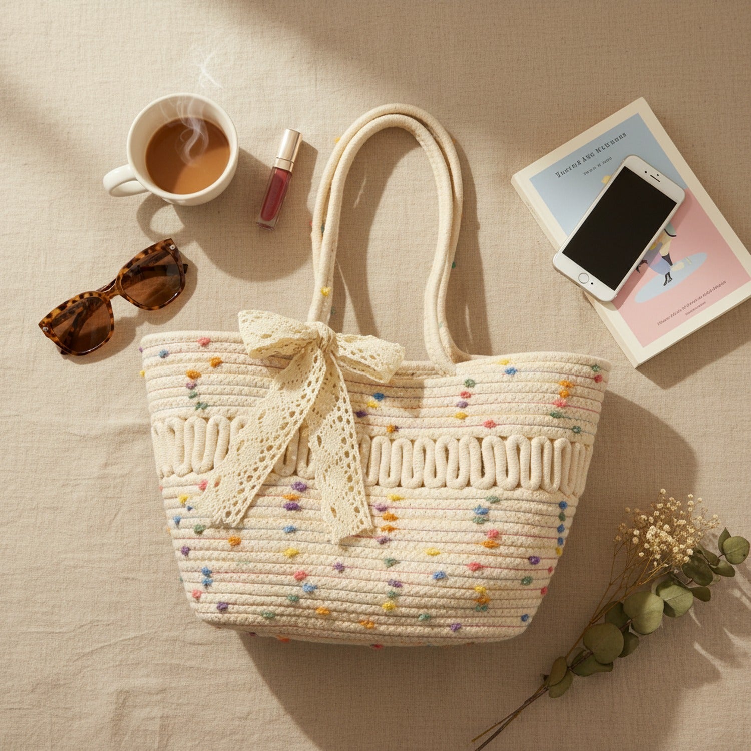 Colorful Beaded Straw Tote Bag With Lace Bow