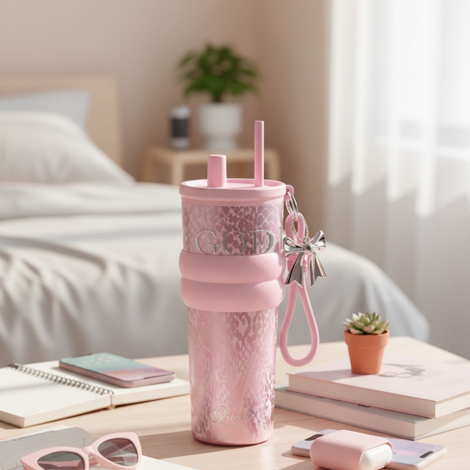 Pink Lace Tumbler With Bow Charm