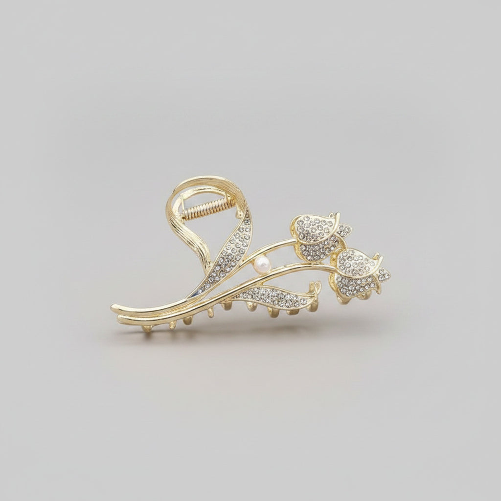 Gold Rhinestone Flower Pearl Hair Claw