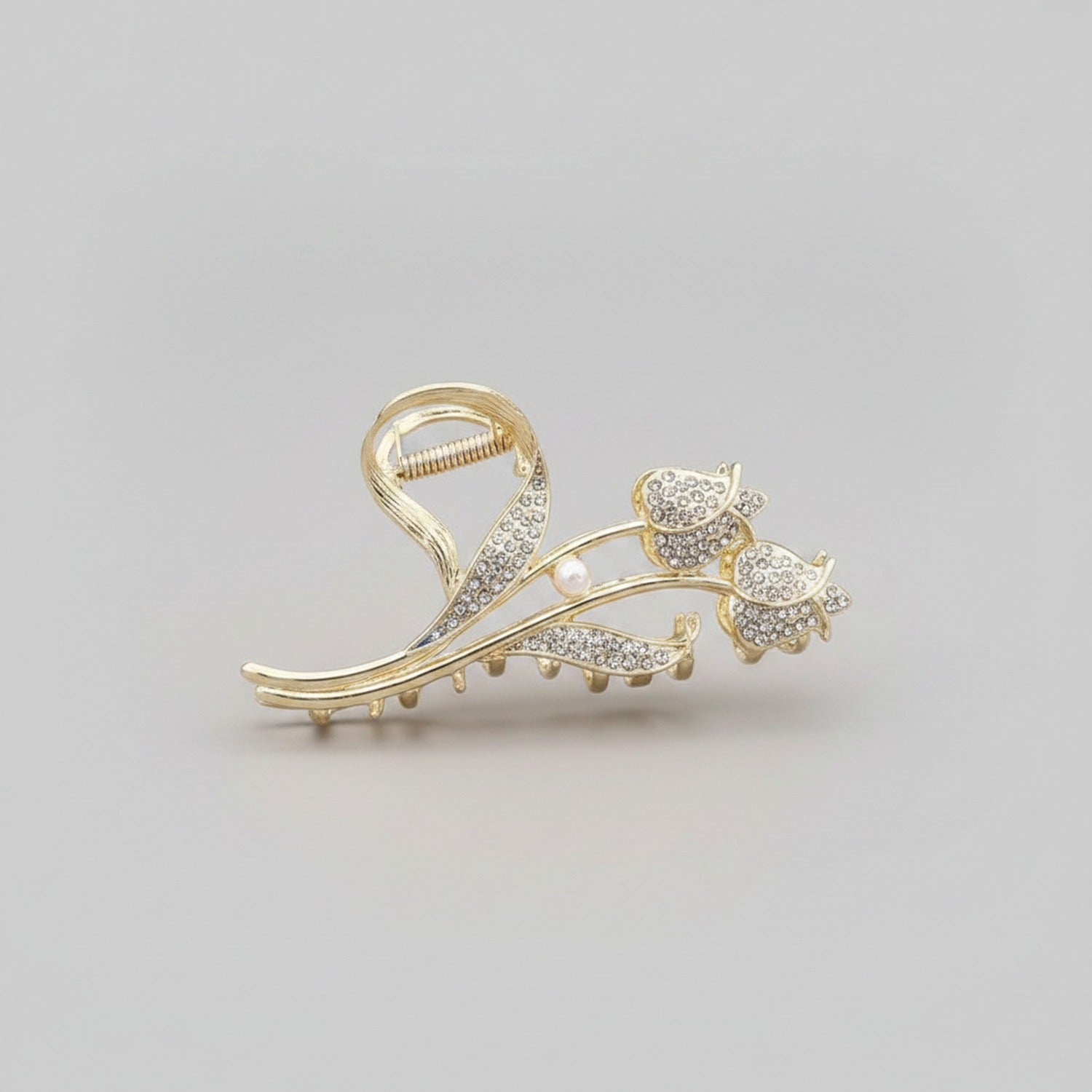 Gold Rhinestone Flower Pearl Hair Claw