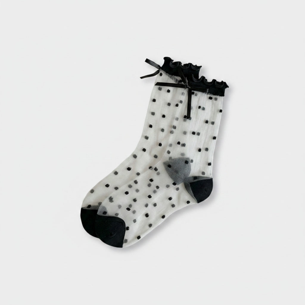 Sheer Black Polka Dot Crew Socks with Ruffle