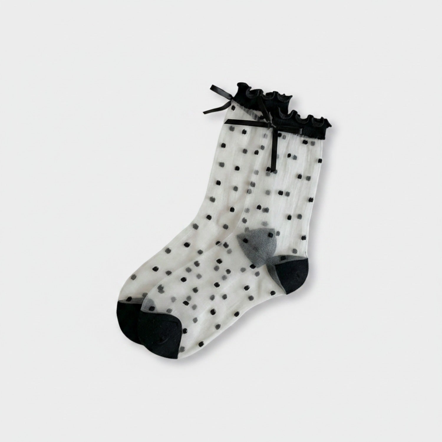 Sheer Black Polka Dot Crew Socks with Ruffle
