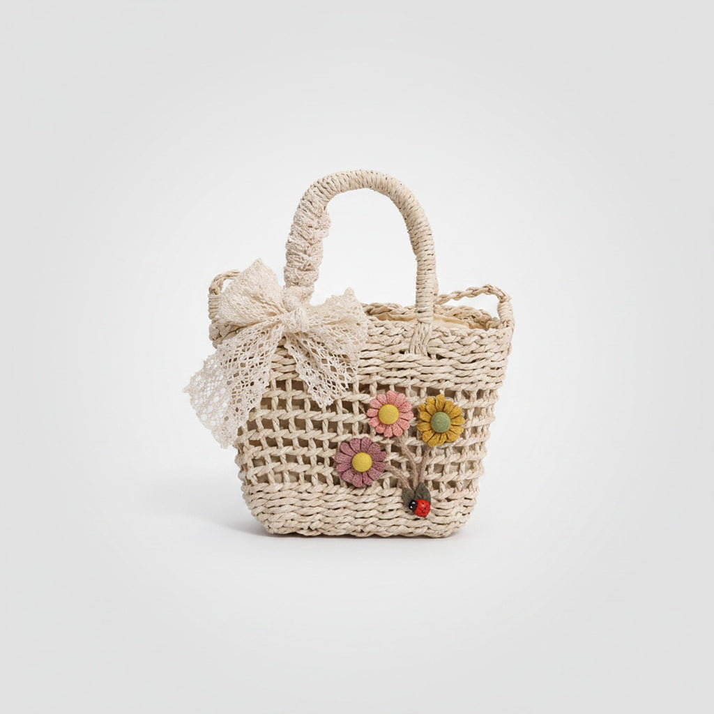 Woven Straw Basket Bag With Flower Charms