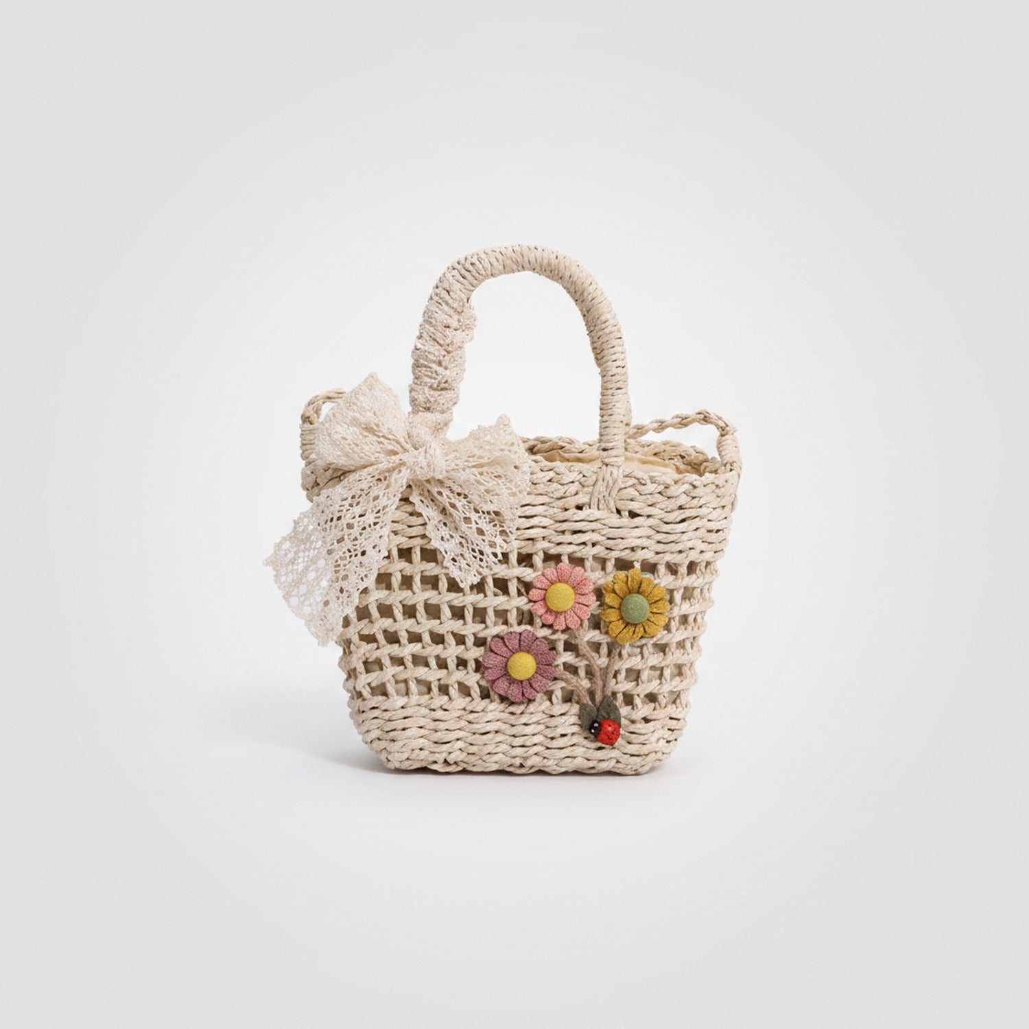 Woven Straw Basket Bag With Flower Charms