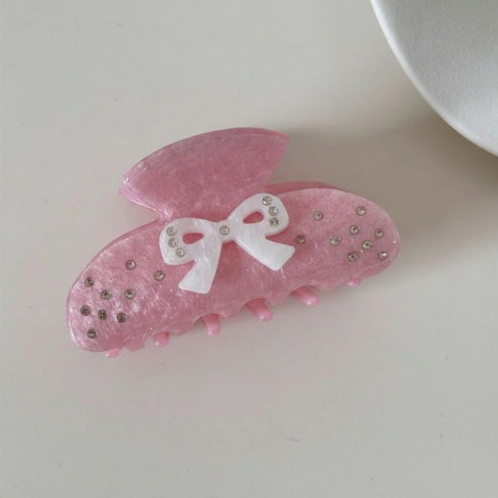 Pink Velvet Hair Claw With Rhinestone Bow