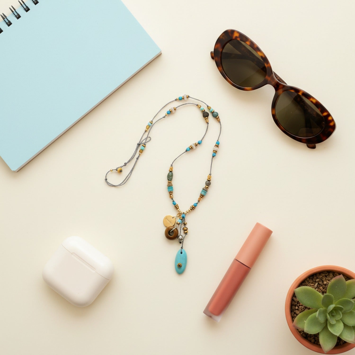 Turquoise Beaded Charm Pendant Necklace