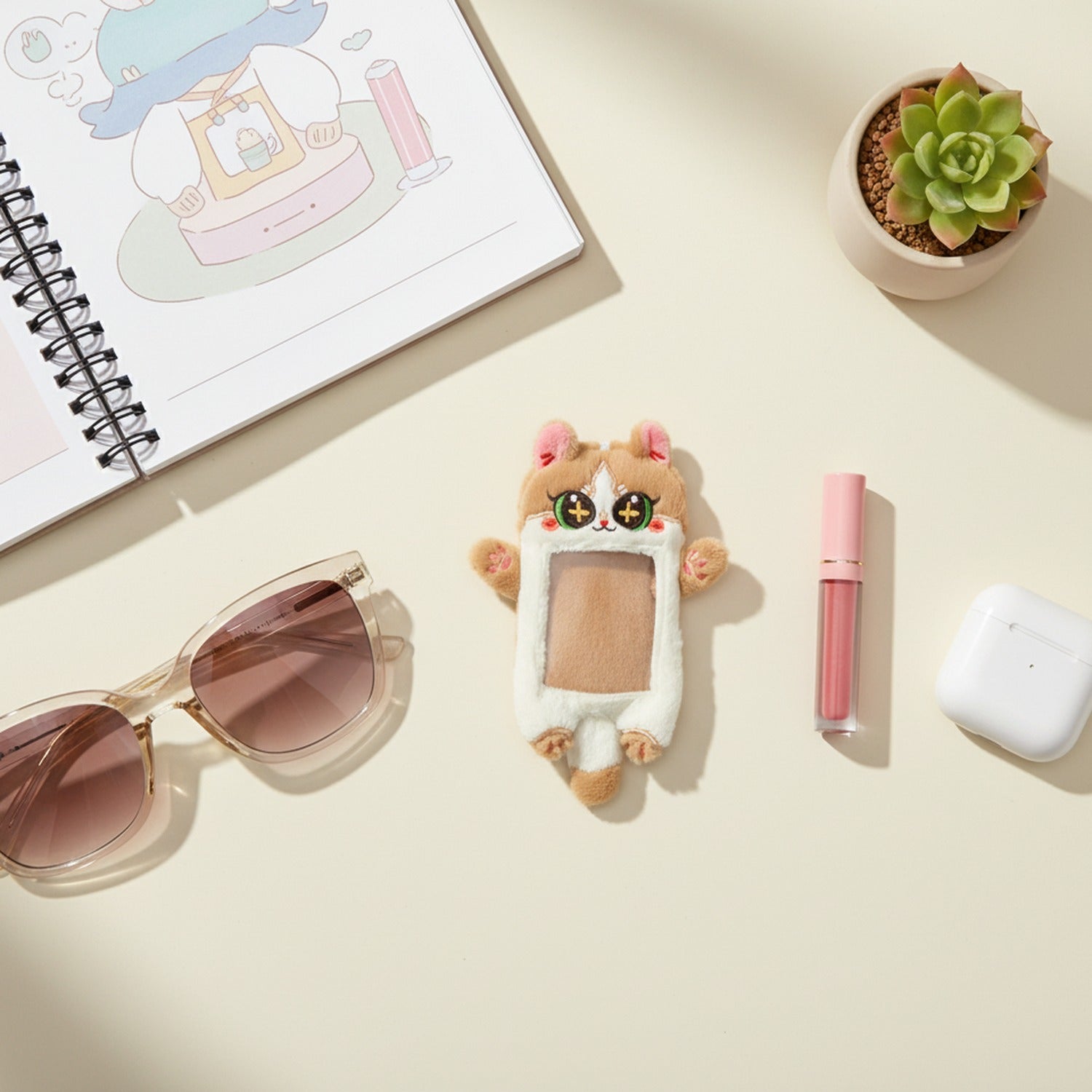Cute Cat Plush Phone Charm With Ears - Gray Cat Card Holder