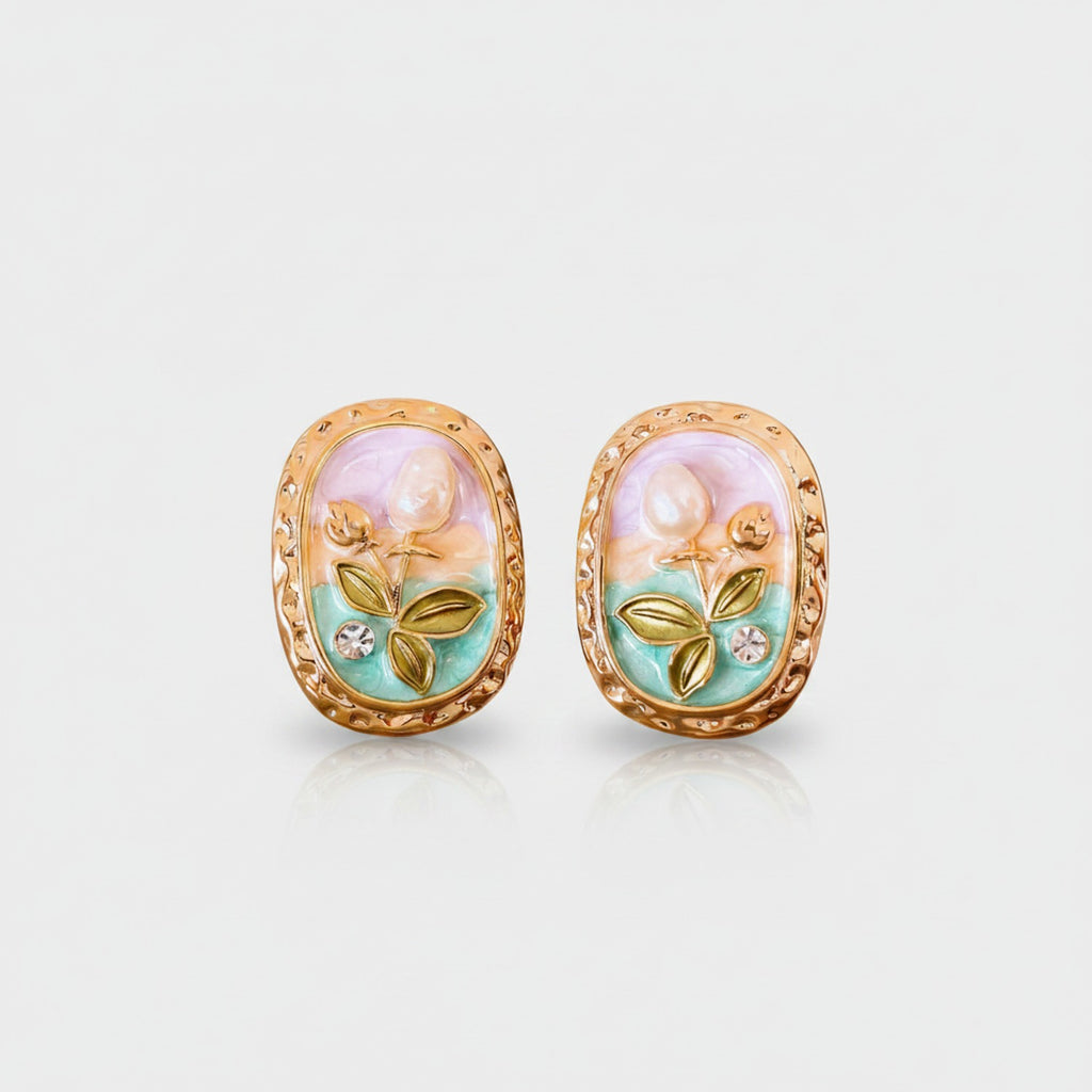 Pearl Flower Enamel Oval Stud Earrings