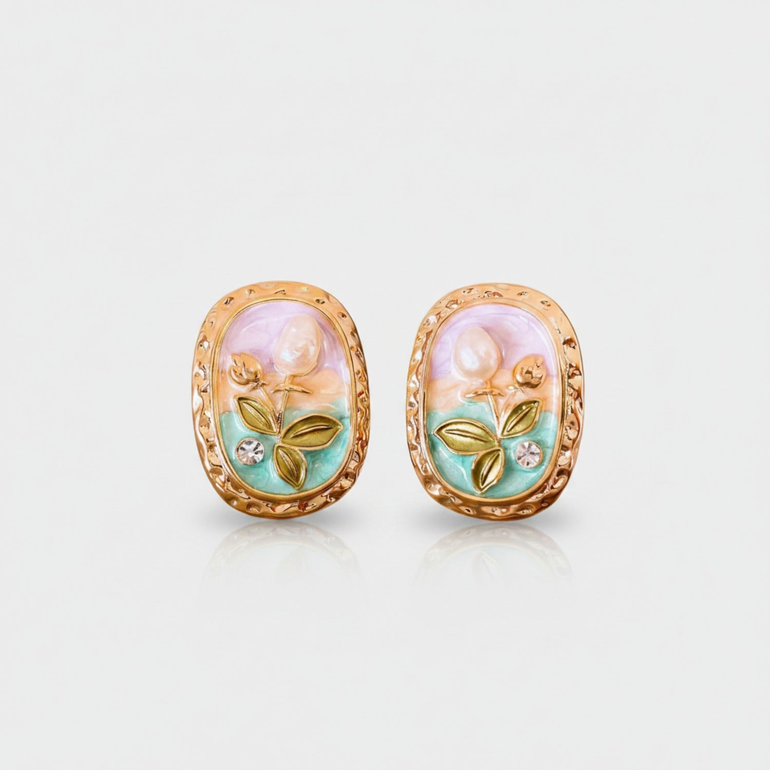Pearl Flower Enamel Oval Stud Earrings
