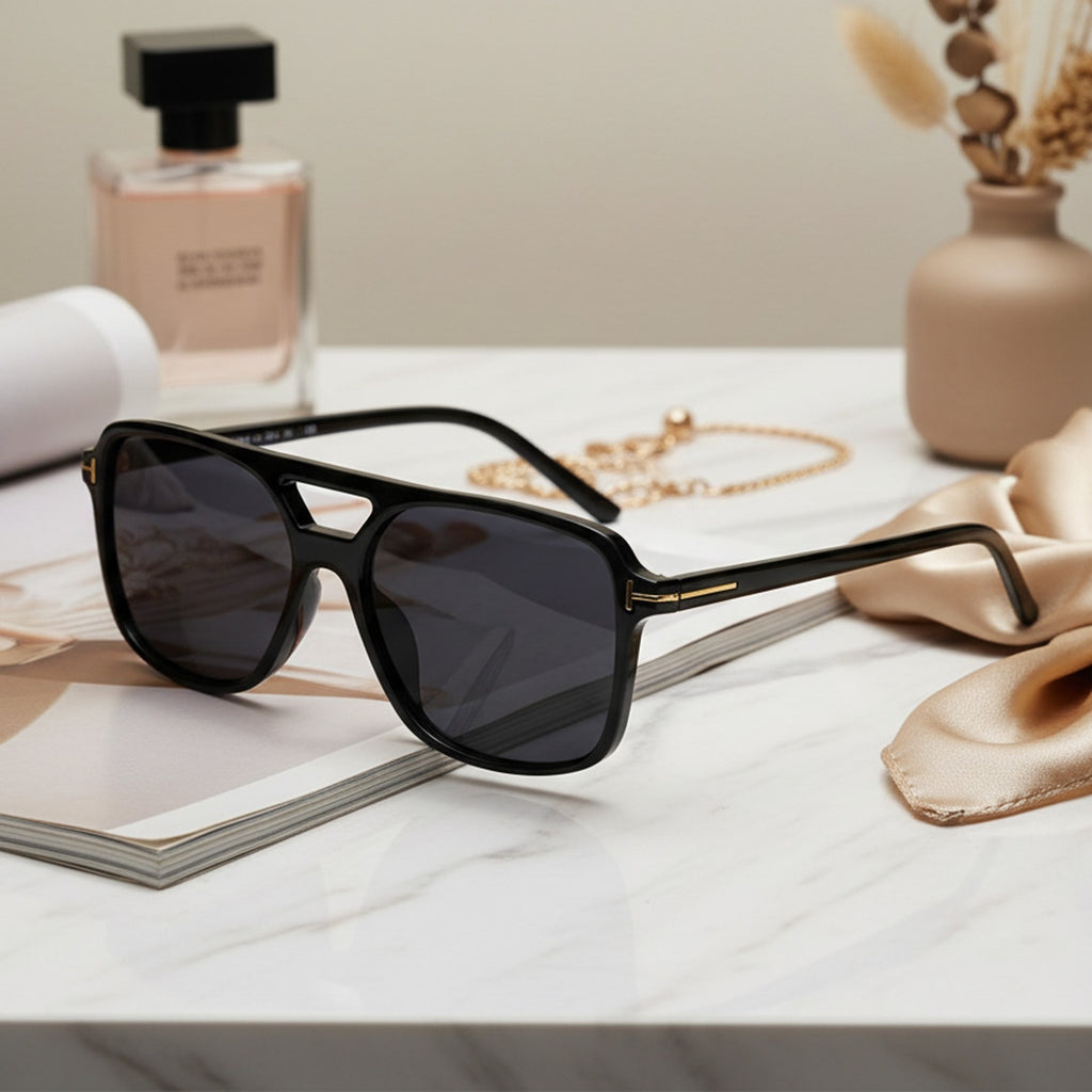 Black Square Aviator Sunglasses With Gold Accent