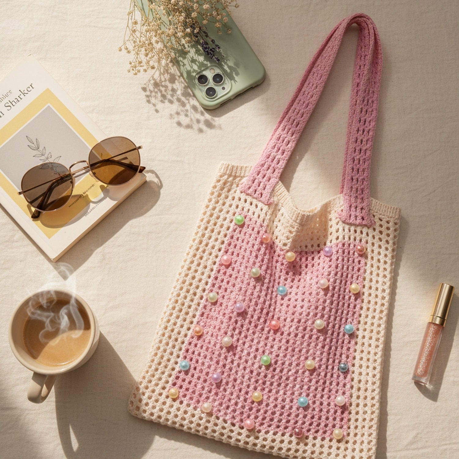 Beaded Colorful Crochet Tote Bag Pink