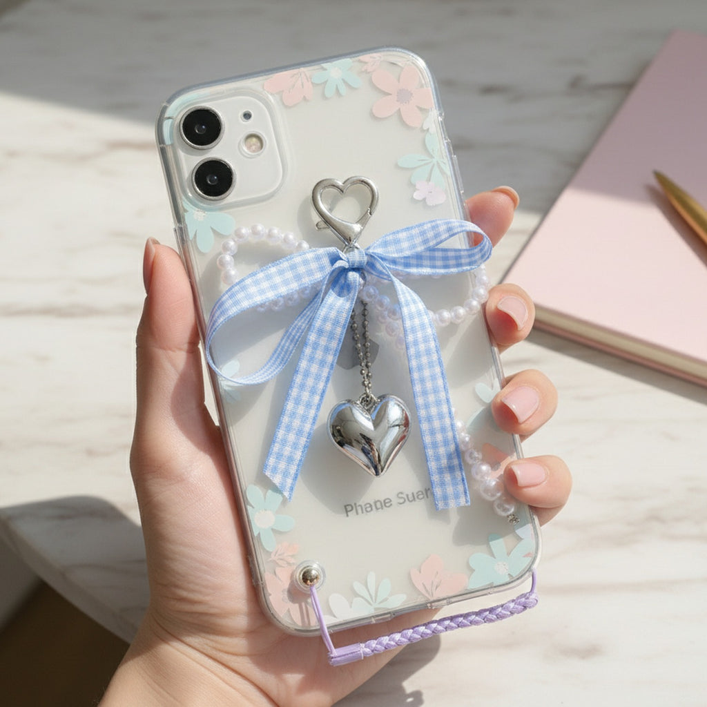 Blue Gingham Heart Pearl Beaded Keyring Charm