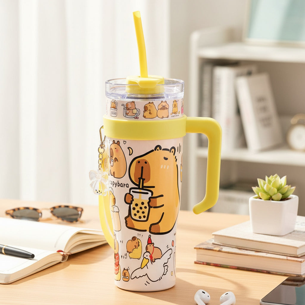 Pink Capybara Printed Tumbler With Handle And Straw