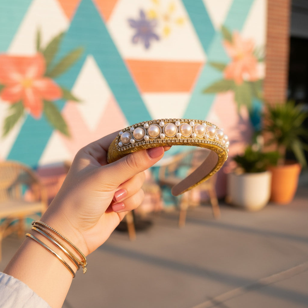Pearl Beaded Gold Padded Headband