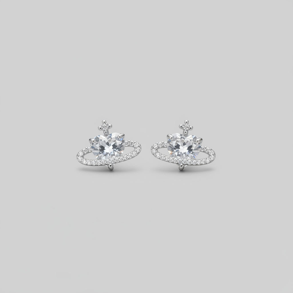 Silver Crystal Orb Stud Earrings With Rhinestone Halo