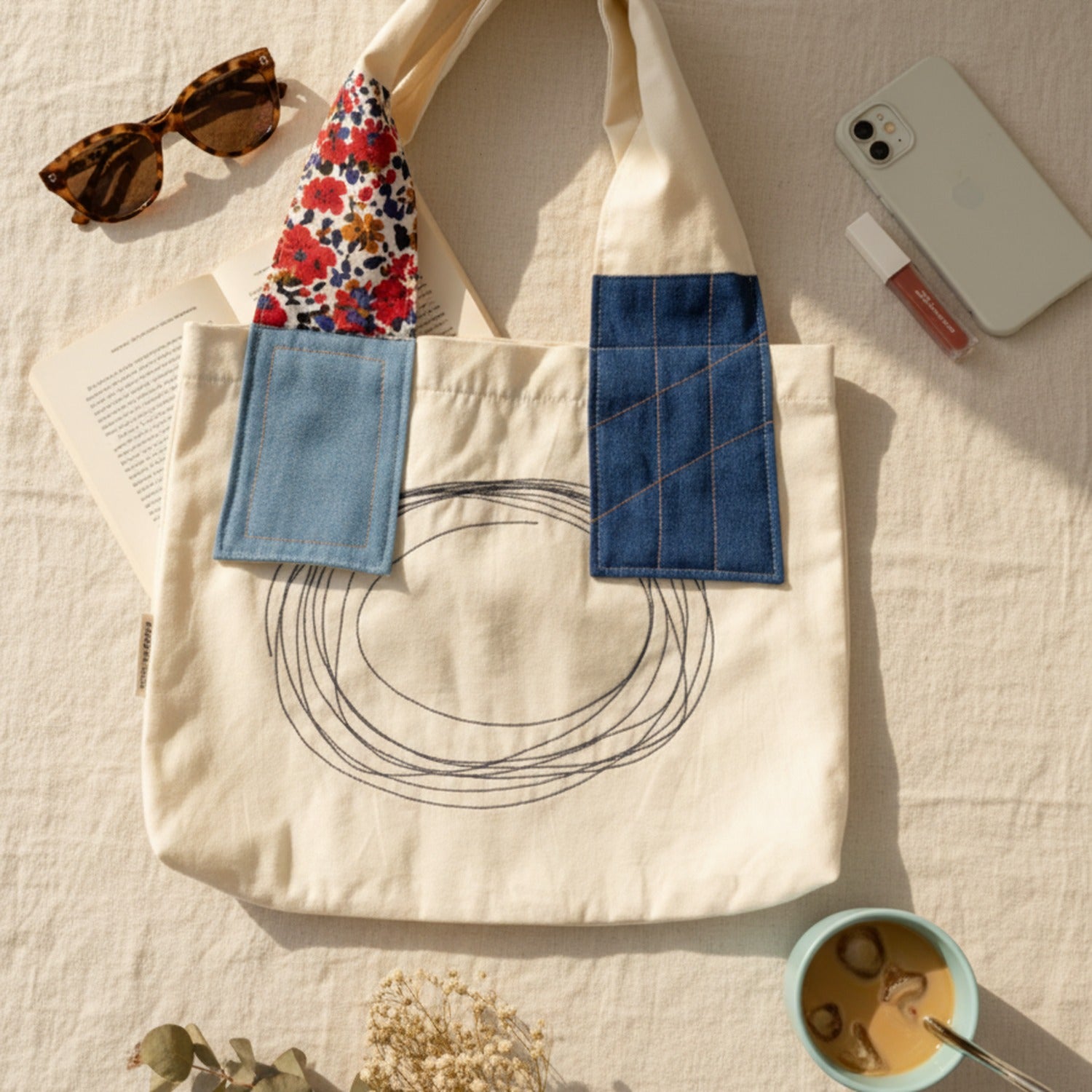 Navy Patchwork Tote Bag With Embroidered Detail
