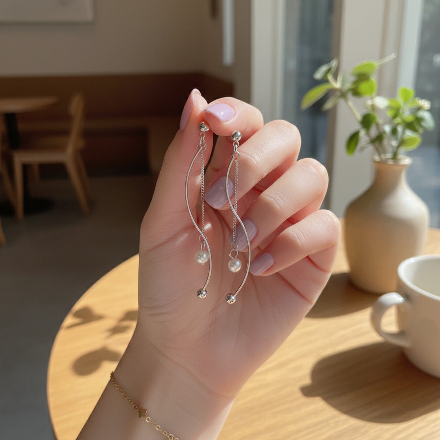 Silver Pearl Chain Drop Earrings