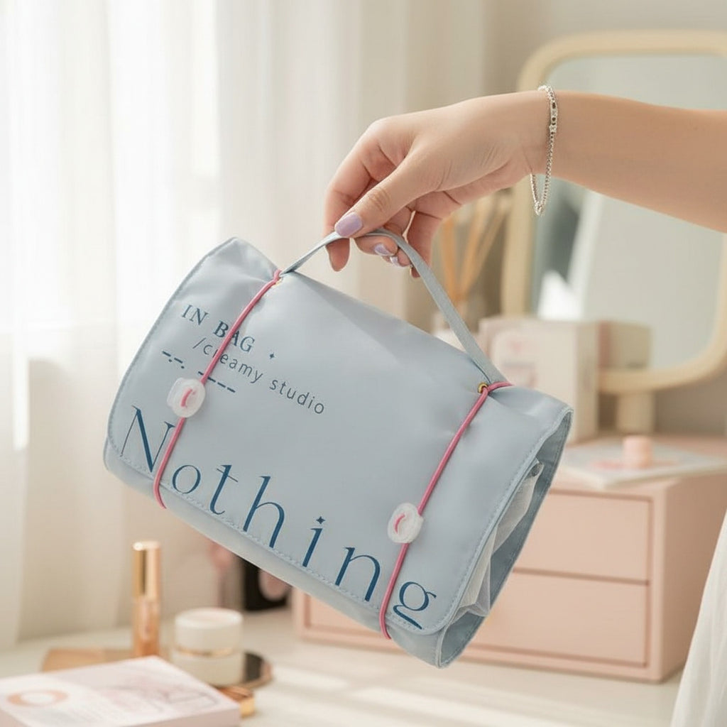 Cream Canvas Cosmetic Bag With Ribbon Tie