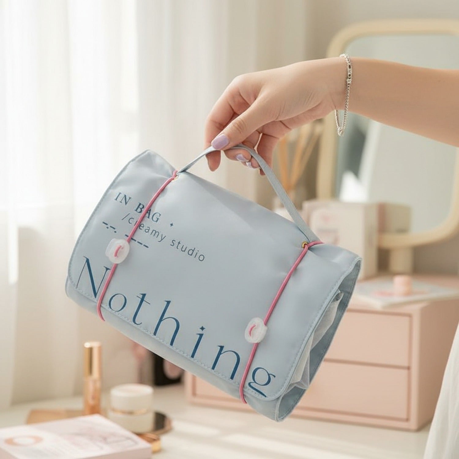 Cream Canvas Cosmetic Bag With Ribbon Tie