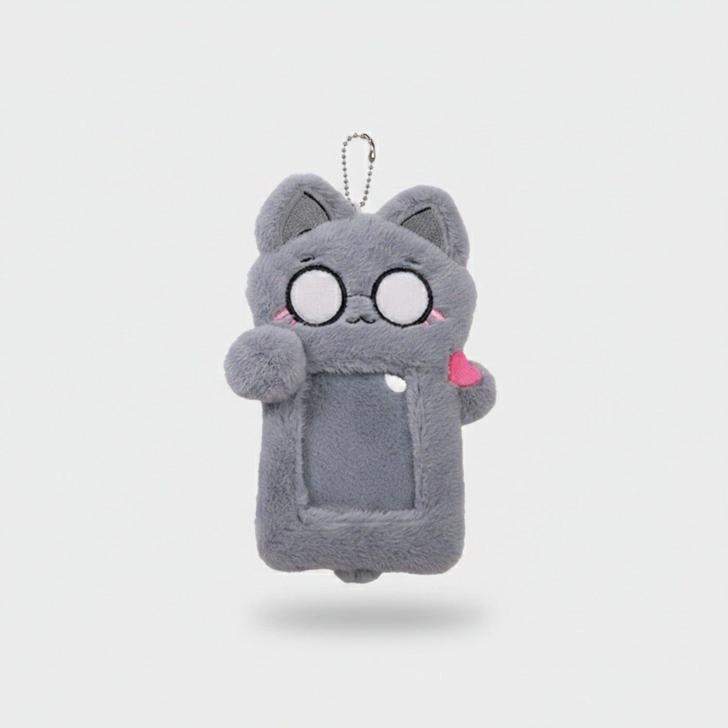 Gray Fluffy Cat Phone Charm With Pink Heart