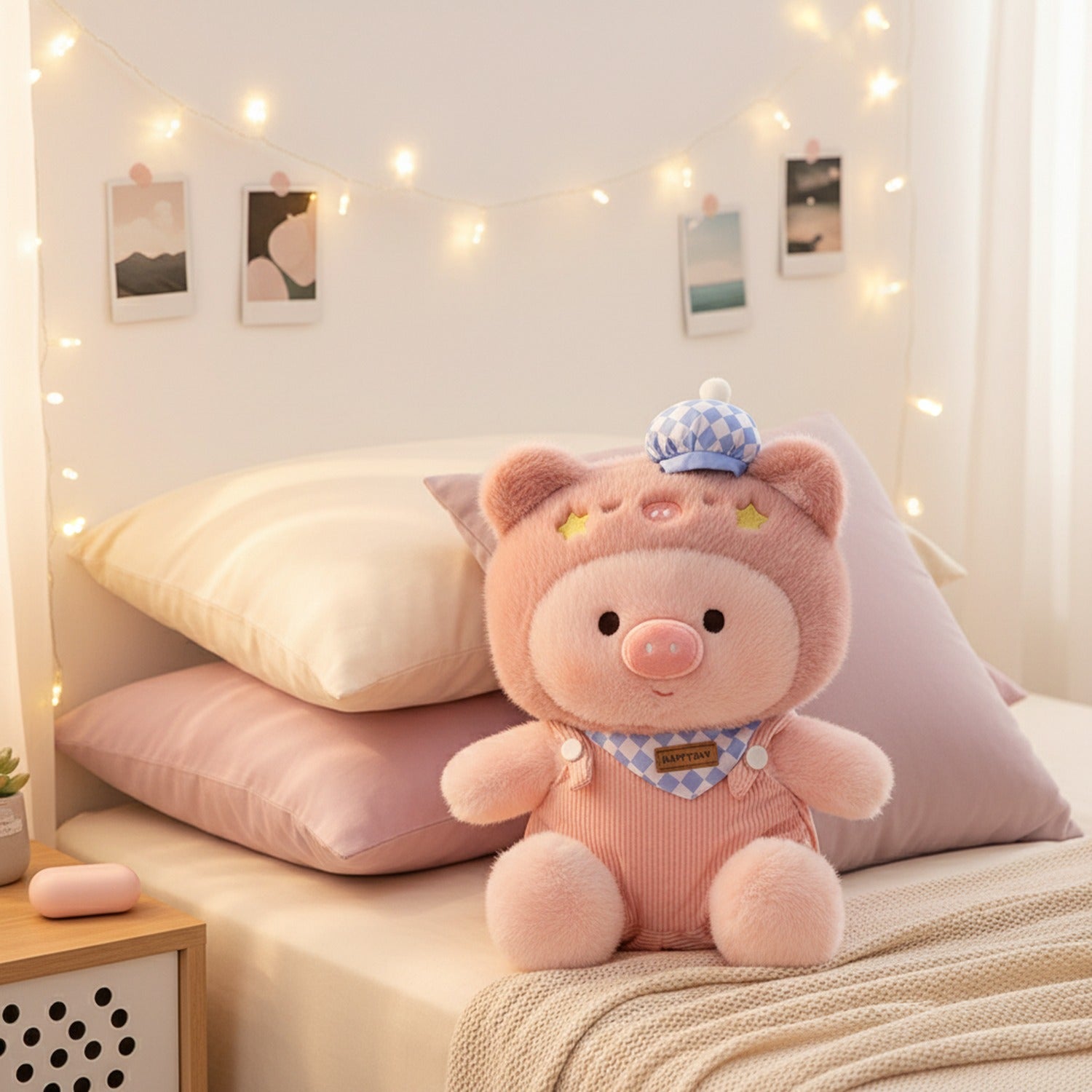 Pink Plush Pig Plushie With Blue Hat And Stars