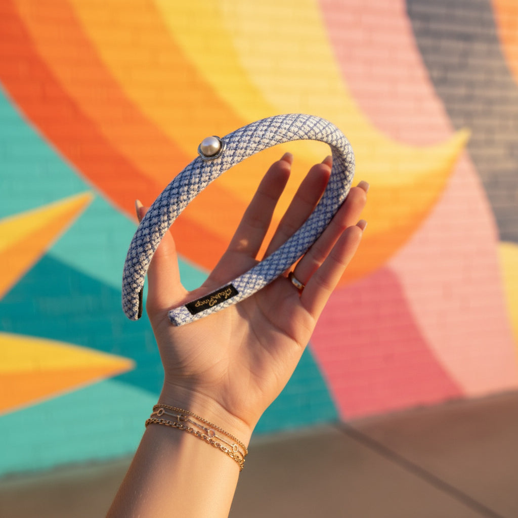 Blue Houndstooth Headband With Pearl Detail