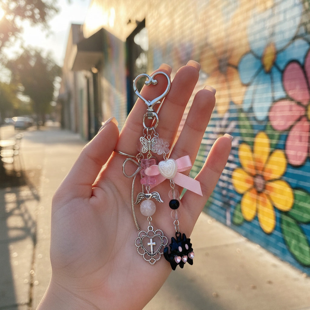 Pink Heart Charm Acrylic Keyring With Butterfly And Cross