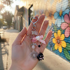 Pink Heart Charm Acrylic Keyring With Butterfly And Cross