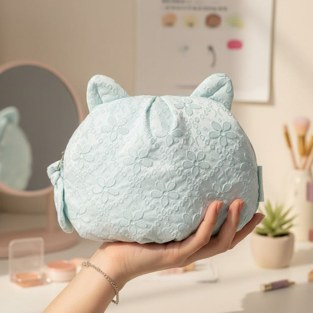 Mint Floral Embroidered Cat Ear Cosmetic Bag