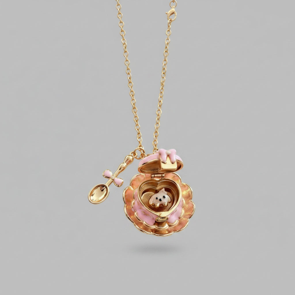 Gold Flower Heart Locket Charm Necklace