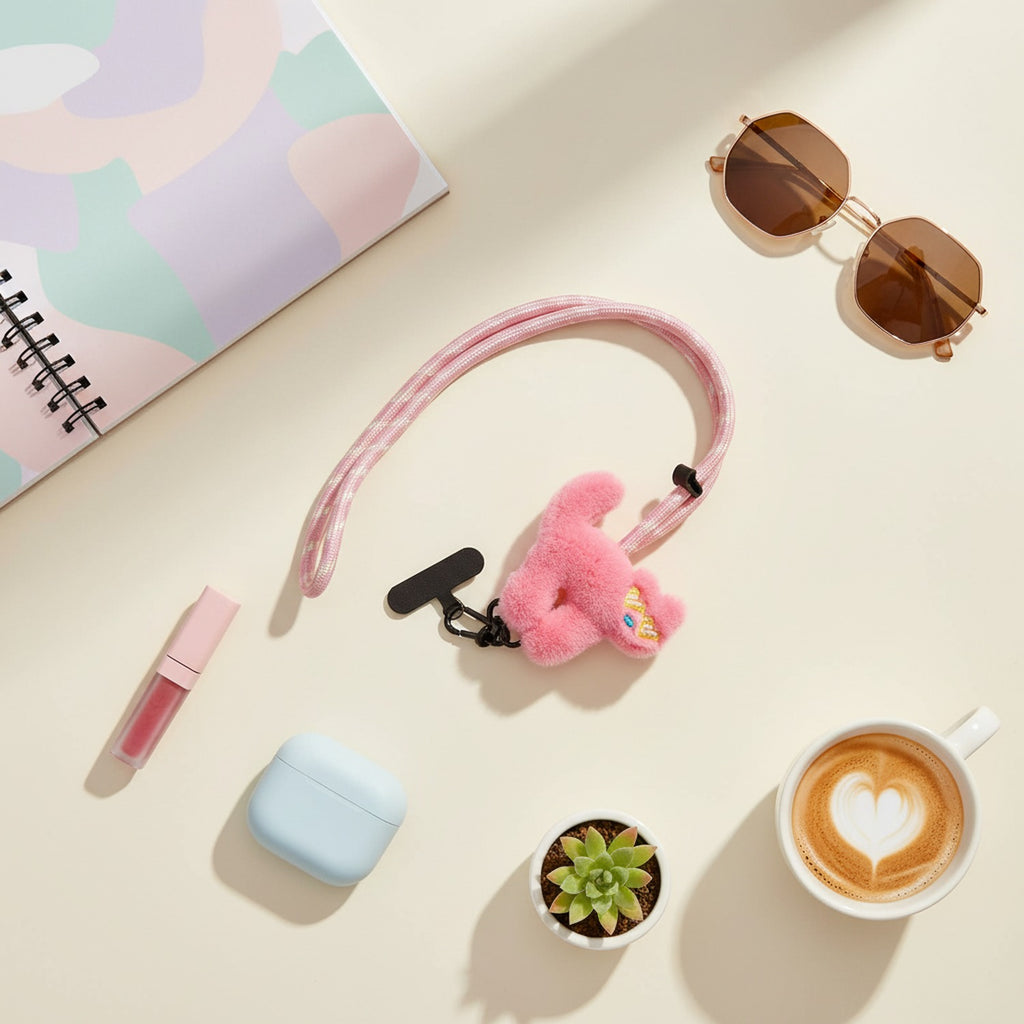 Pink Fuzzy Cat Phone Charm Keychain