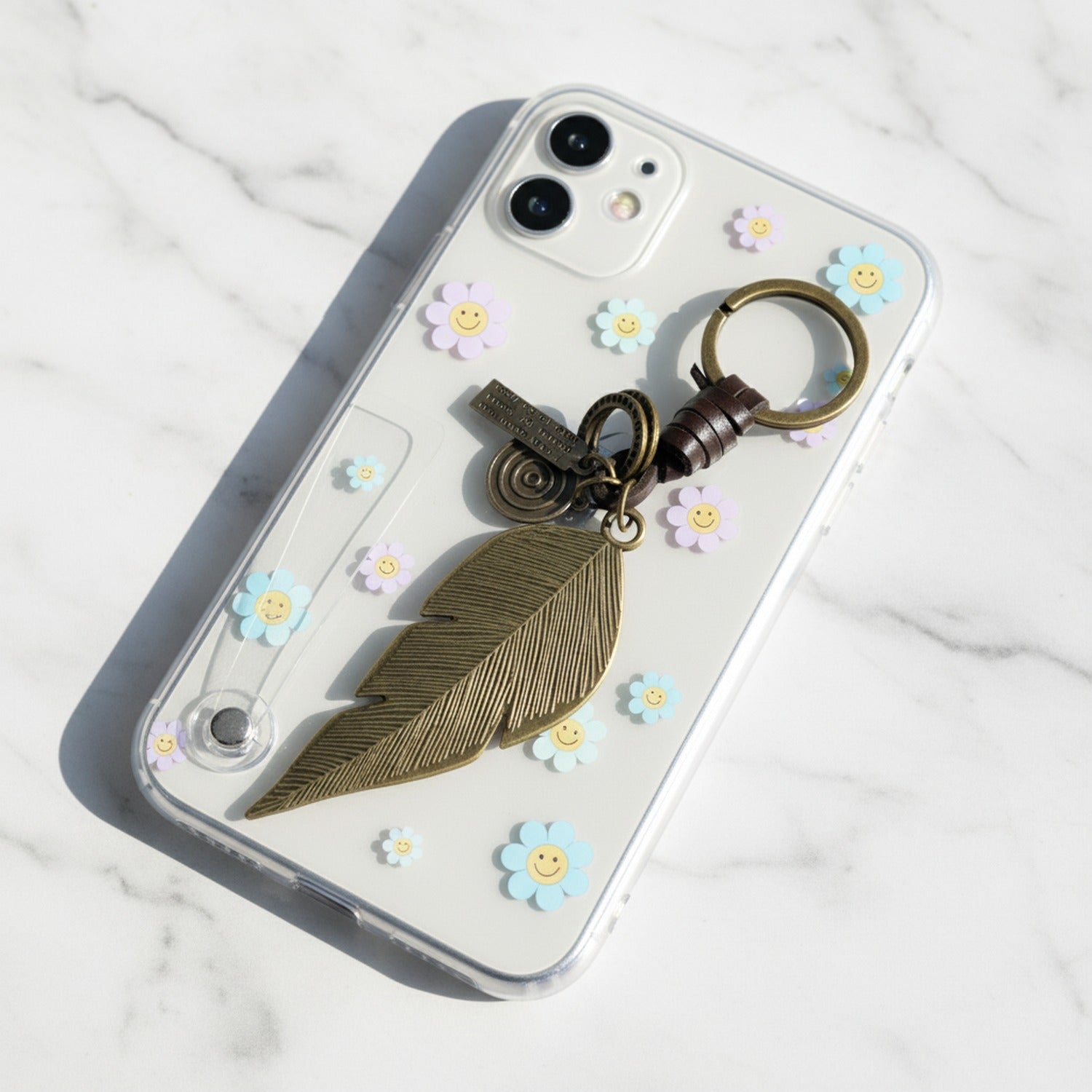 Brass Leaf Charm Keyring With Beaded Accents