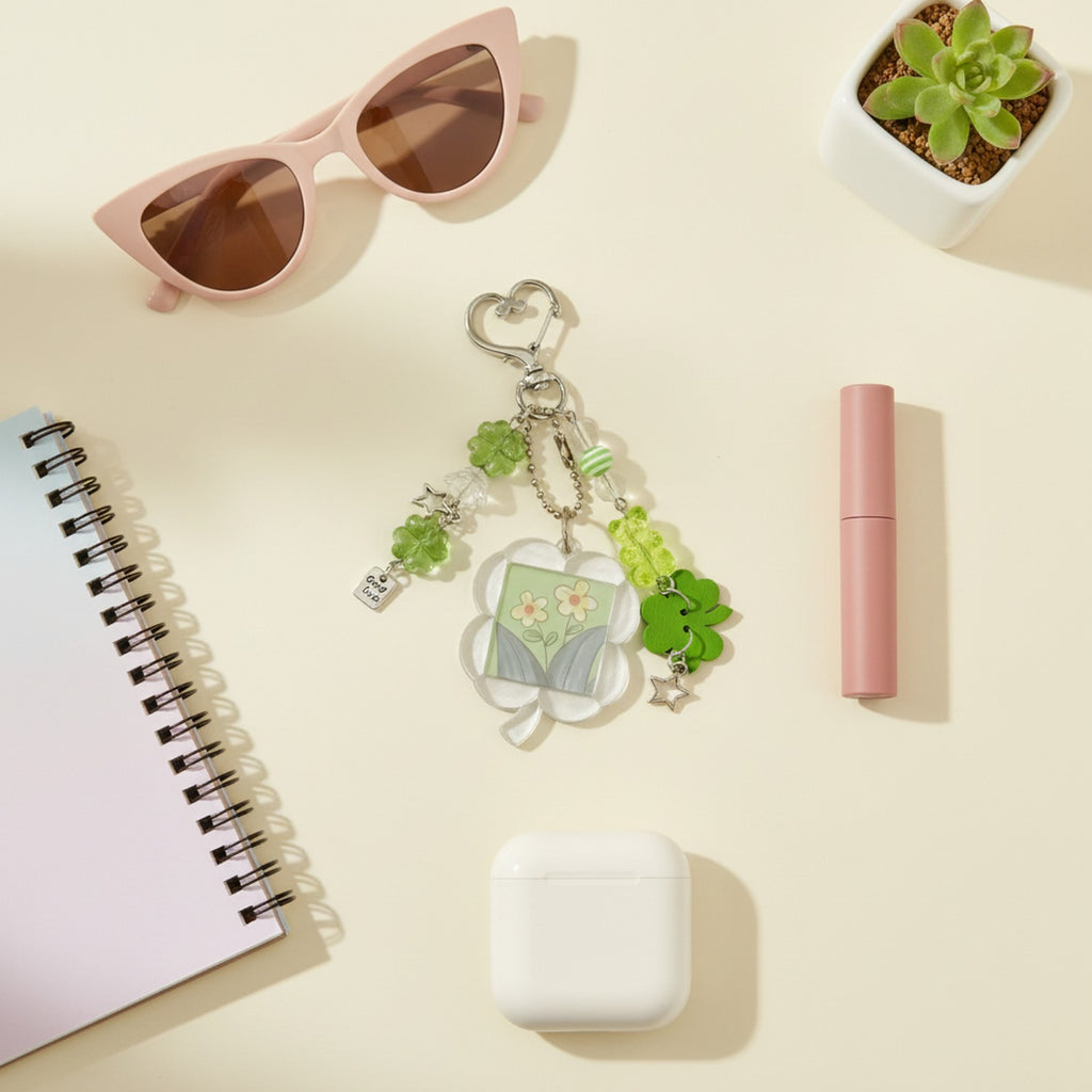Flower Acrylic Keyring With Clover Charm Beads