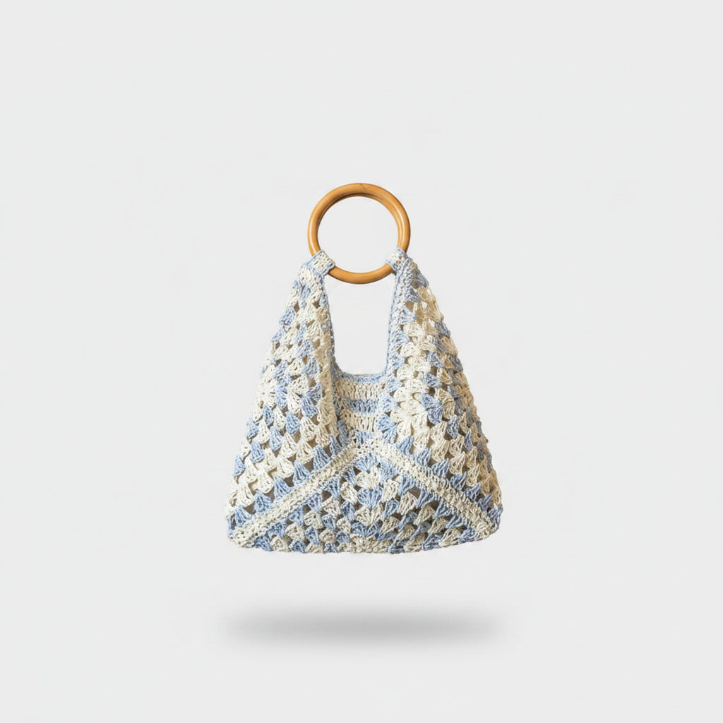 Cream Blue Crochet Tote Bag with Wooden Handle