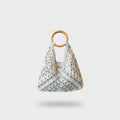Cream Blue Crochet Tote Bag with Wooden Handle