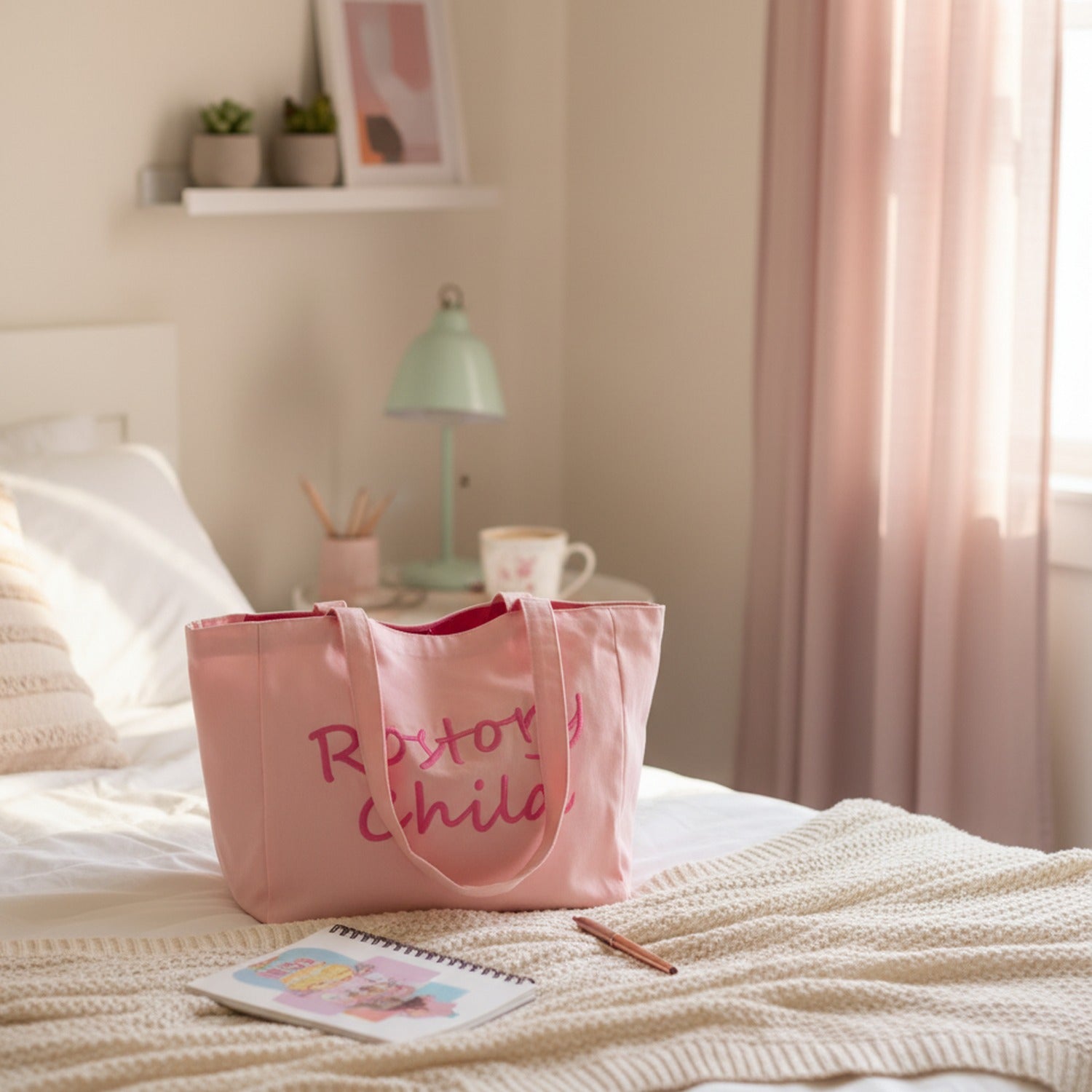 Pink Canvas Tote Bag With Embroidered Text