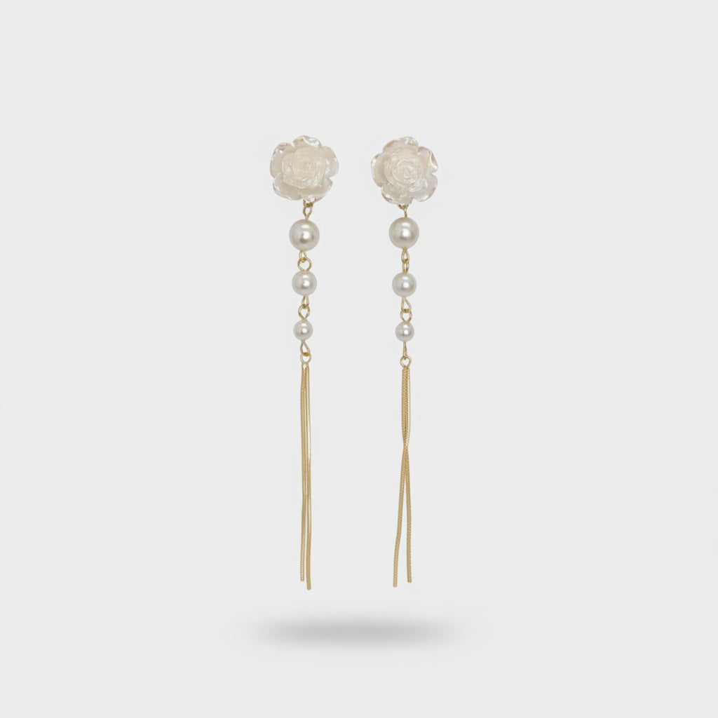 Pearl Rose Flower Chain Threader Earrings