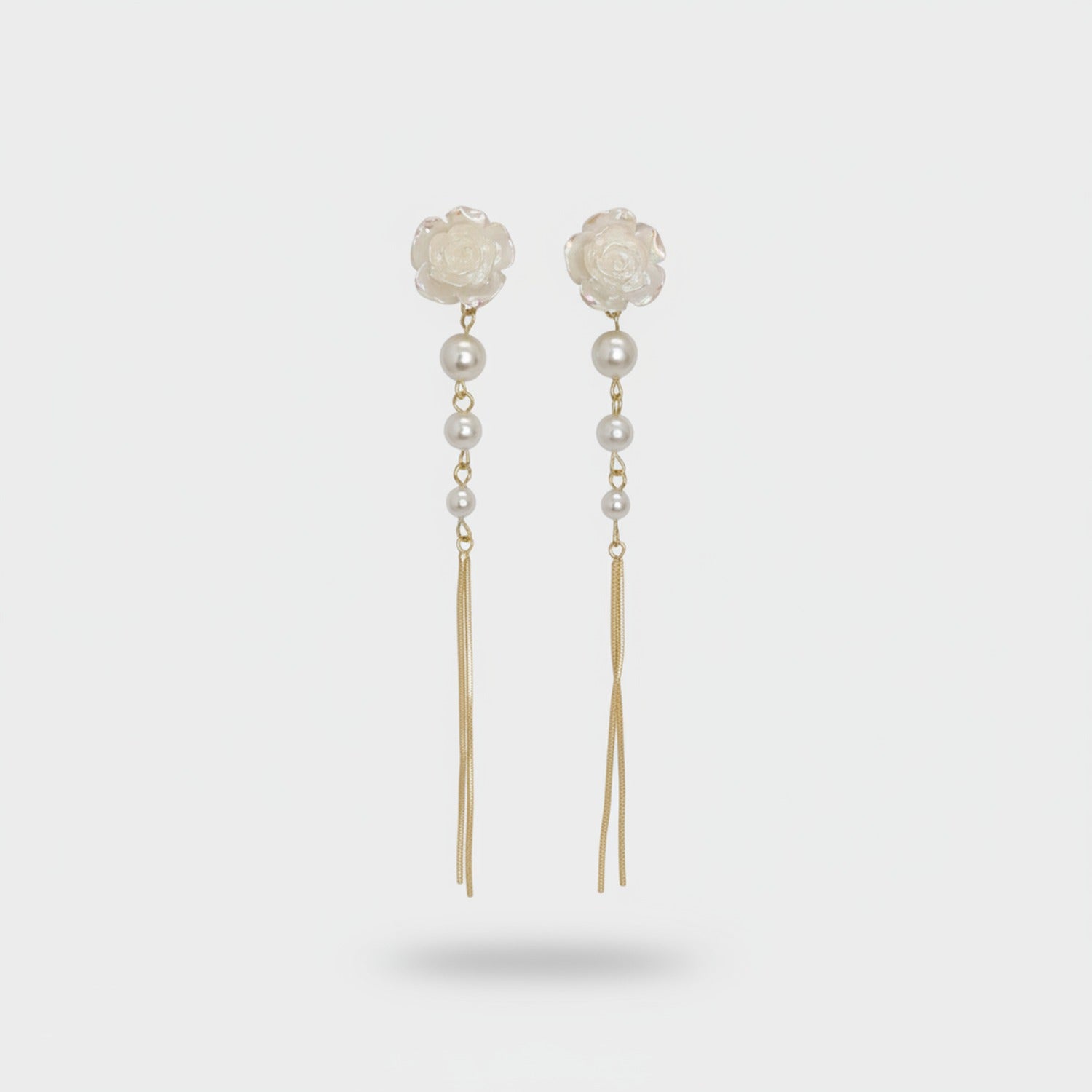 Pearl Rose Flower Chain Threader Earrings