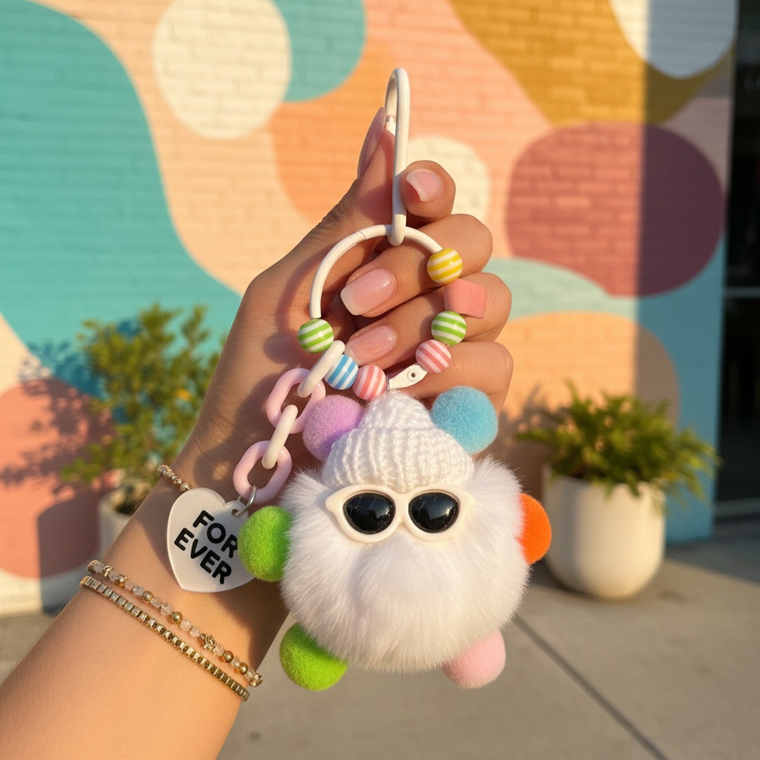 Fluffy White Pom Keyring With Colorful Beaded Chain