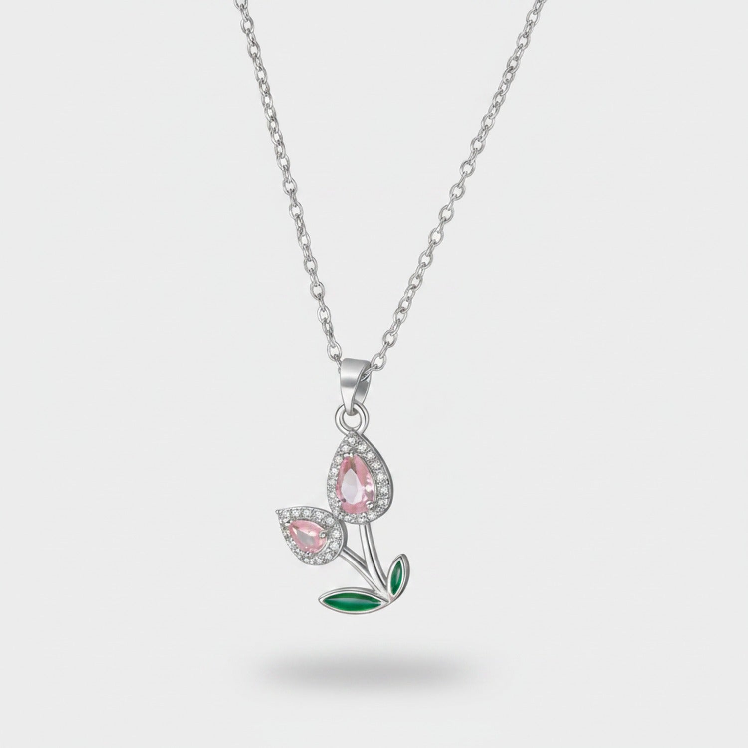 Pink Flower Teardrop Rhinestone Gold Chain Necklace