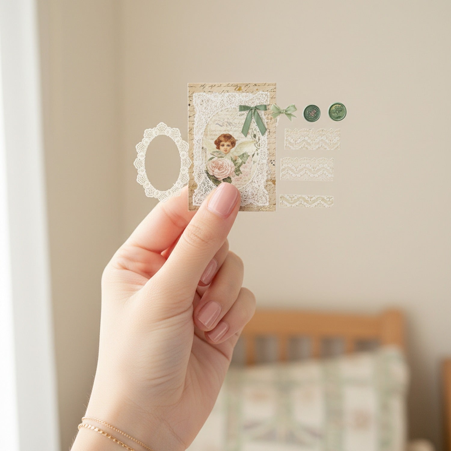 Vintage Ephemera Stationery Set With Lace Frames And Ribbons