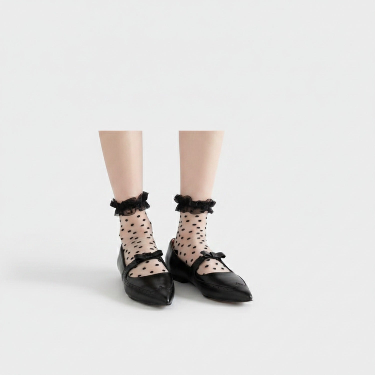 Black Polka Dot Mesh Socks With Ruffle Trim
