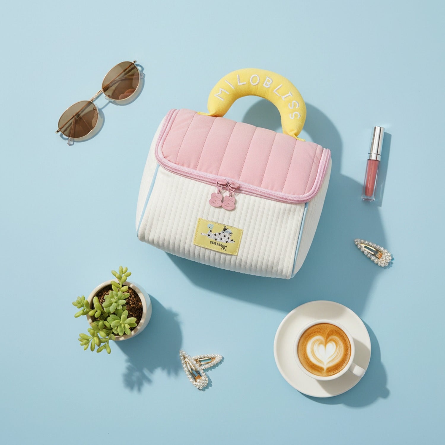 Pink & Cream Quilted Cosmetic Bag With Yellow Handle