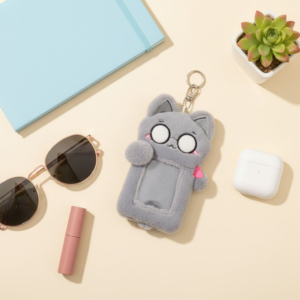 Gray Fluffy Cat Phone Charm With Pink Heart
