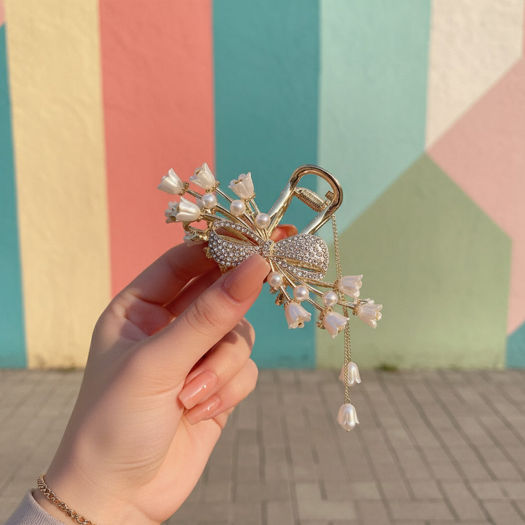 Golden Flower Pearl Rhinestone Hair Claw