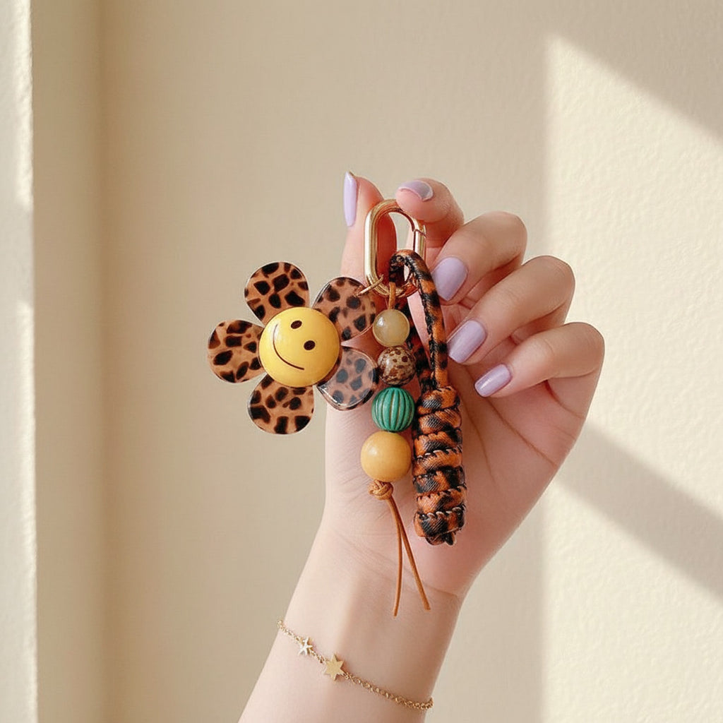 Leopard Print Flower Smiley Acrylic Keyring Charm