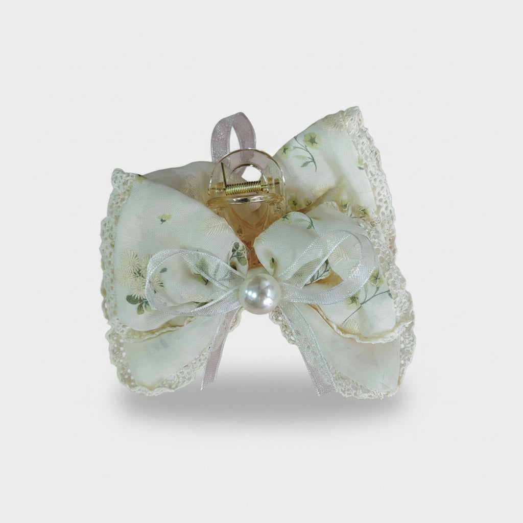 Cream Lace Pearl Bow Hair Claw Clip