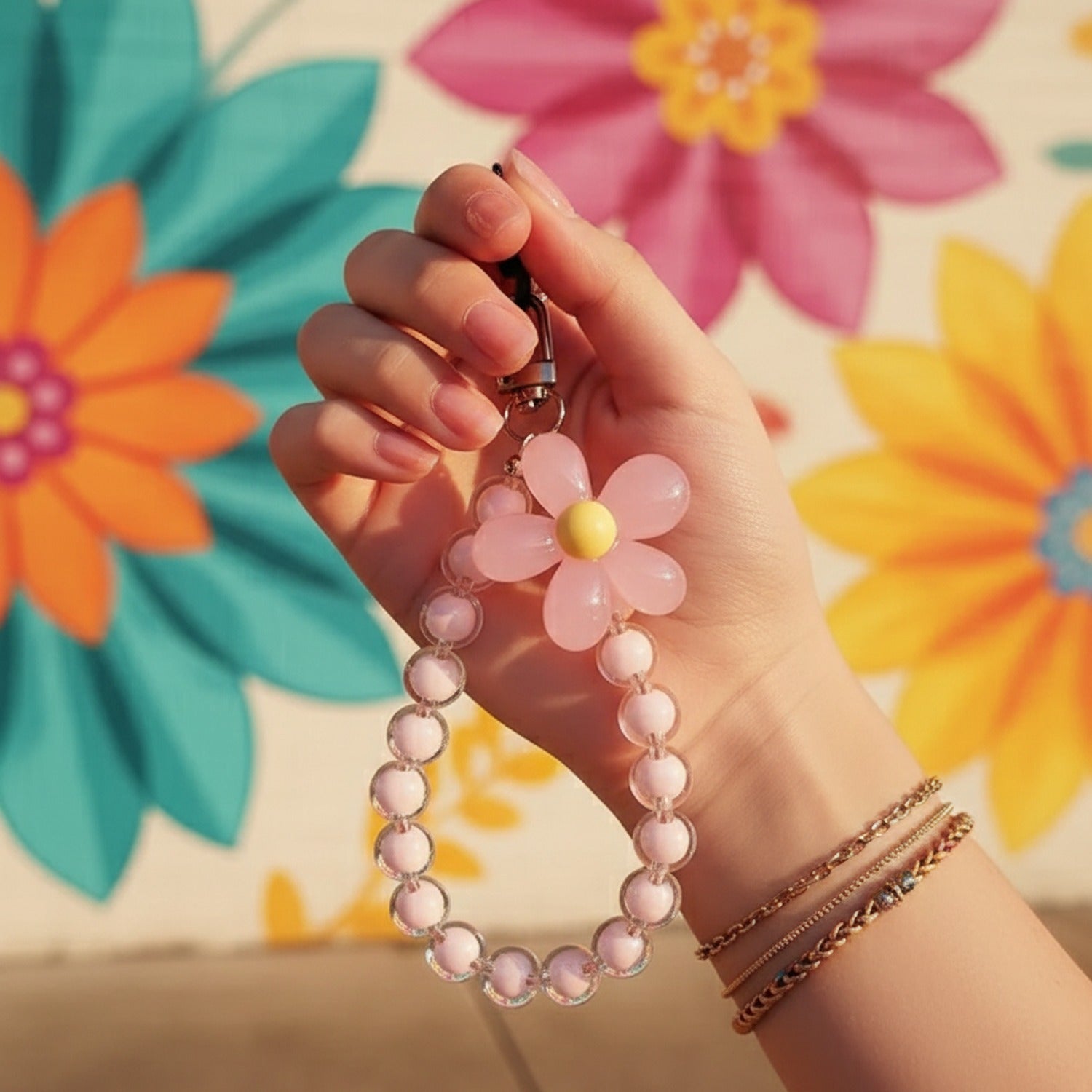 Pink Beaded Flower Acrylic Keyring Charm